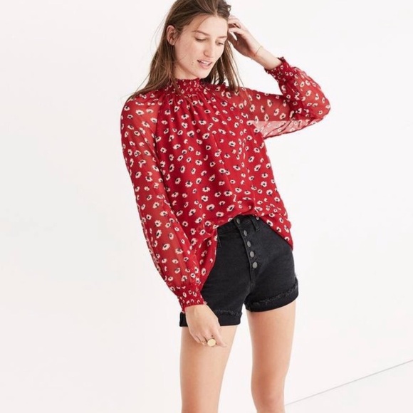 Madewell Tops - Madewell Mistlight Red Smock Neck Deattle Rose Top